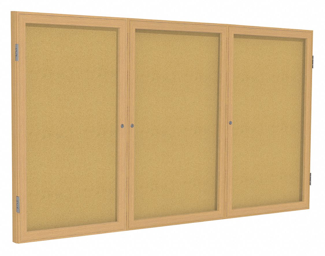 Enclosed Bulletin Board: Swing Door, 48 in Overall Ht, 72 in Overall Wd, Natural, Wall Mounted