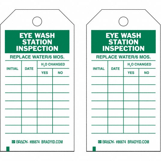 BRADY Eye Wash/Shower Inspection Tag, Eye Wash Station Inspection, 5 3/