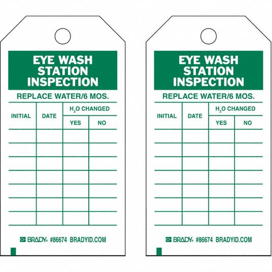 Brady Eye Wash Shower Inspection Tag, Eye Wash Station Inspection, 5 3  