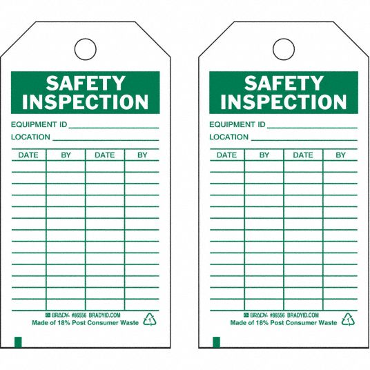 BRADY Safety Inspection Tag, Safety Inspection, 5 3/4 in Height, 3 in Width, Polyester, PK 10