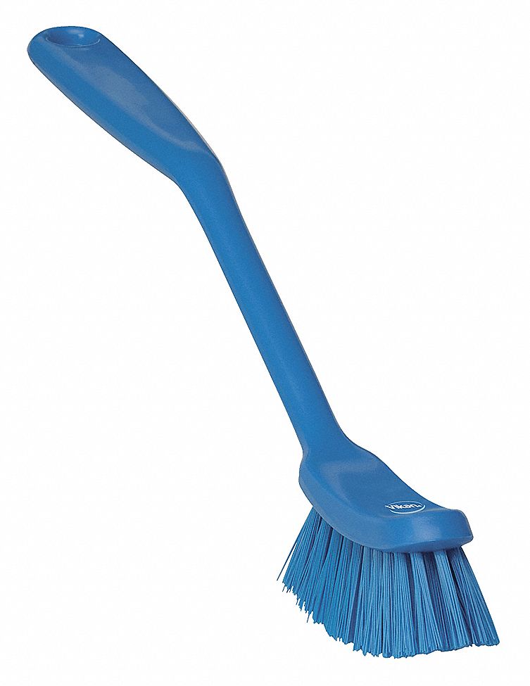 Scrub Brush: Medium, Plastic, 11 in Brush Lg, 8 1/4 in Handle Lg, 7/8 in Head Wd, Blue
