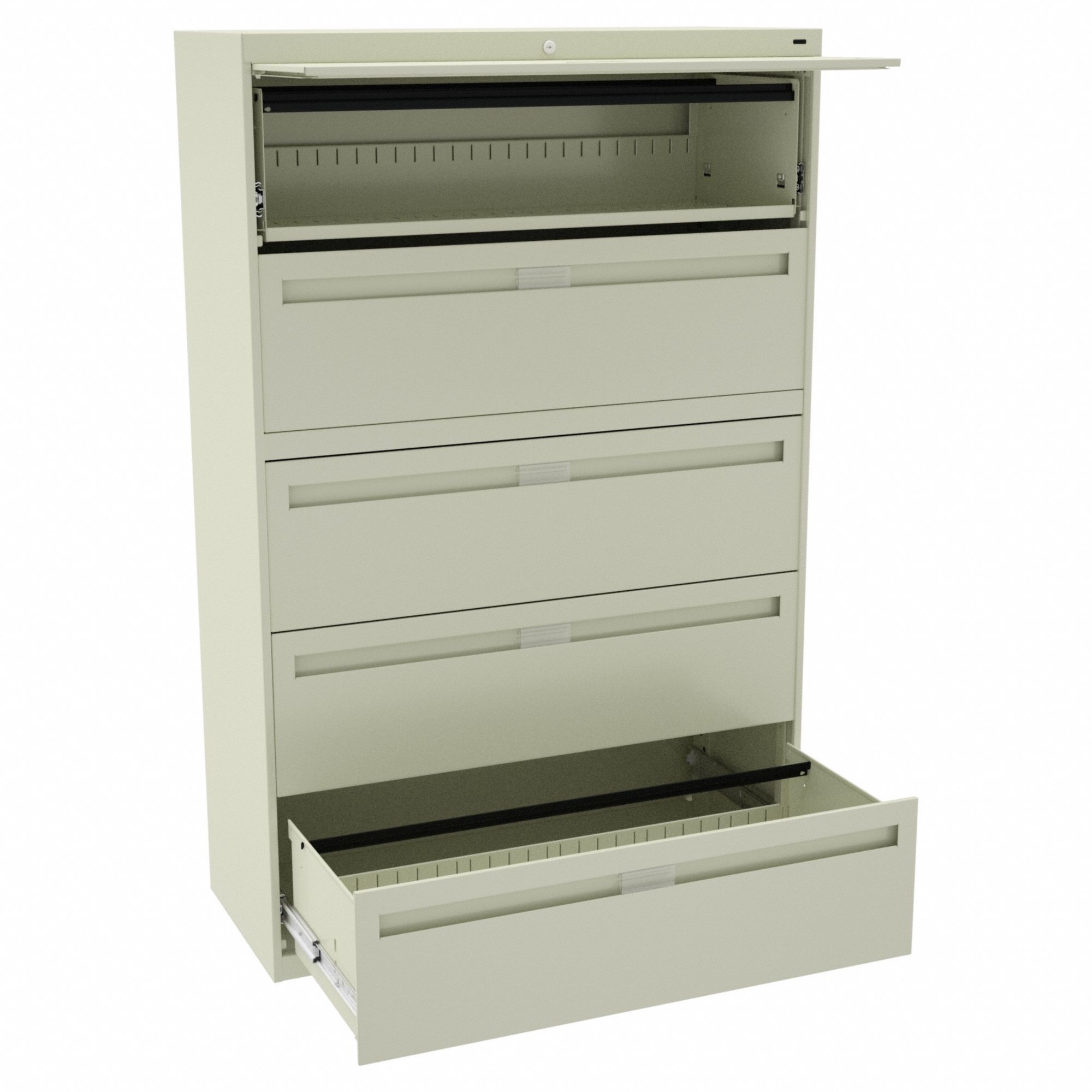 Lateral File Cabinet: Champagne/Putty, 5 Drawers, 65 in Overall Ht, 18 in Overall Dp, Steel