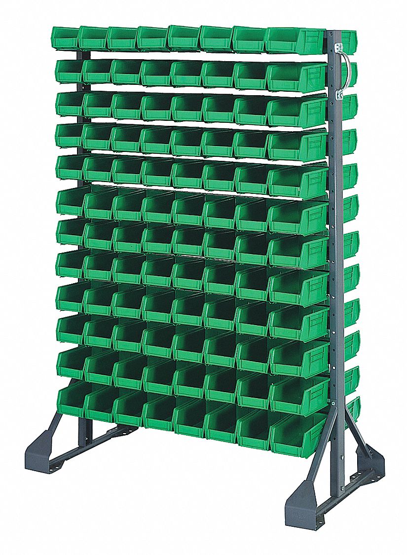 Bin Rail Floor Rack: 36 in x 20 in x 54 in, 2 Usable Sides, 192 Bins, Green