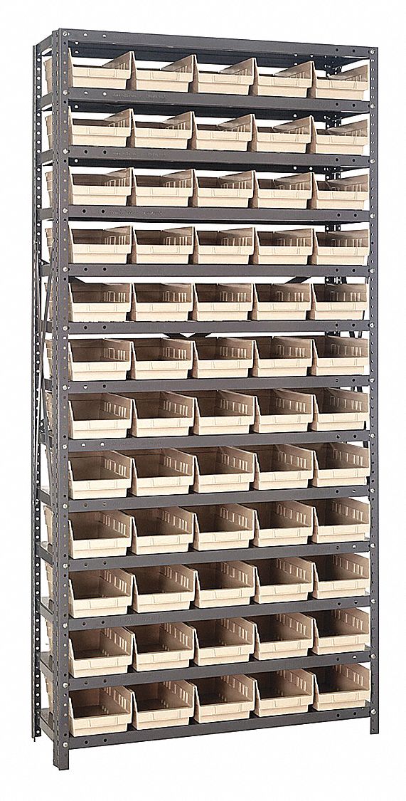 Bin Shelving: 36 in x 12 in x 75 in, 1 Sided, 60 Bins, Open, Shelf Bin