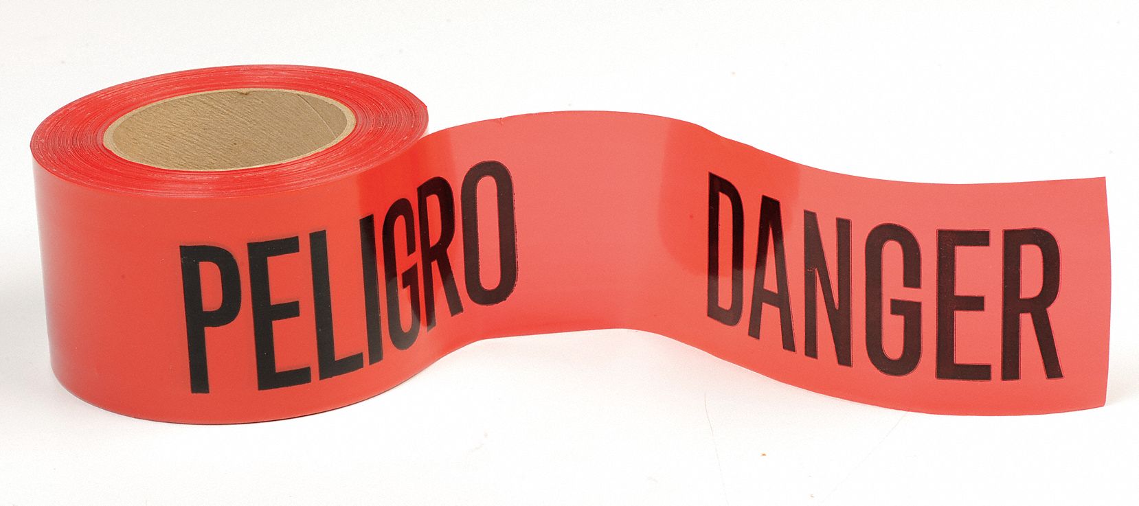Barricade Tape: 300 ft Lg, 3 in Wd, Danger Peligro Danger Legend, Polyethylene