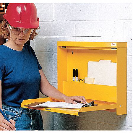 Folding Wall Mount Desk: Locking, Self-Closing, Yellow, 15 1/4 in Open Dp