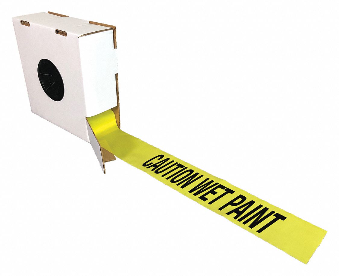 Barricade Tape with Reel: 1, 000 ft Lg, 3 in Wd, Caution Wet Paint Legend