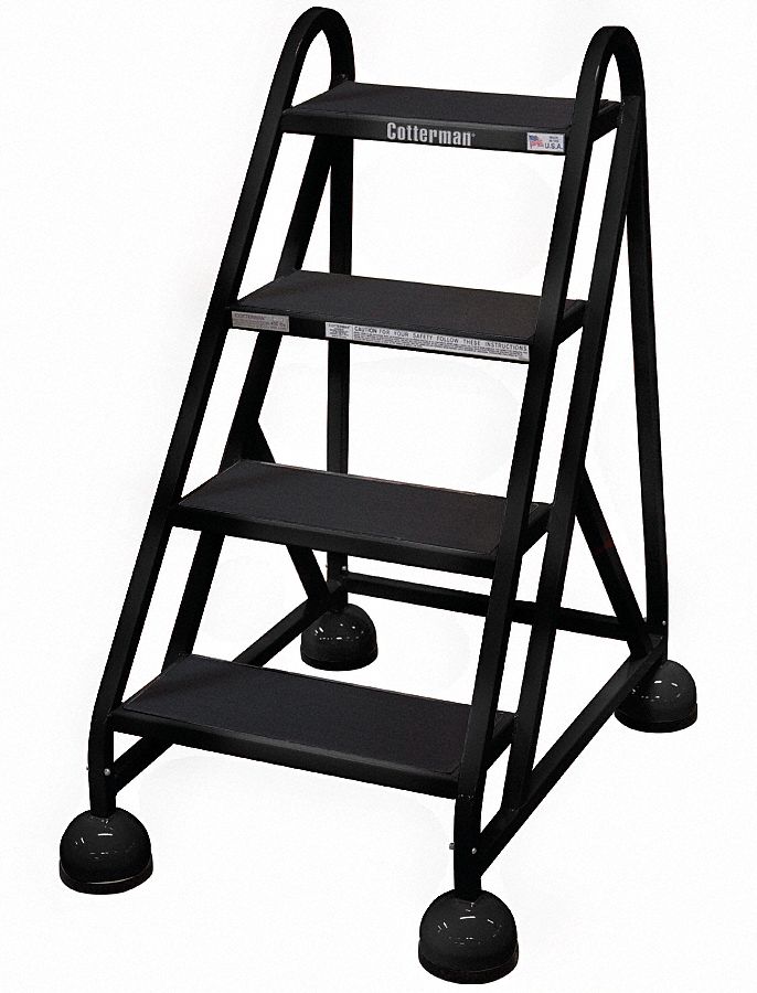 Rolling Ladder: 3 ft Platform Ht, Assembled, Steel, Wt-Actuated Auto-Lock, Ribbed