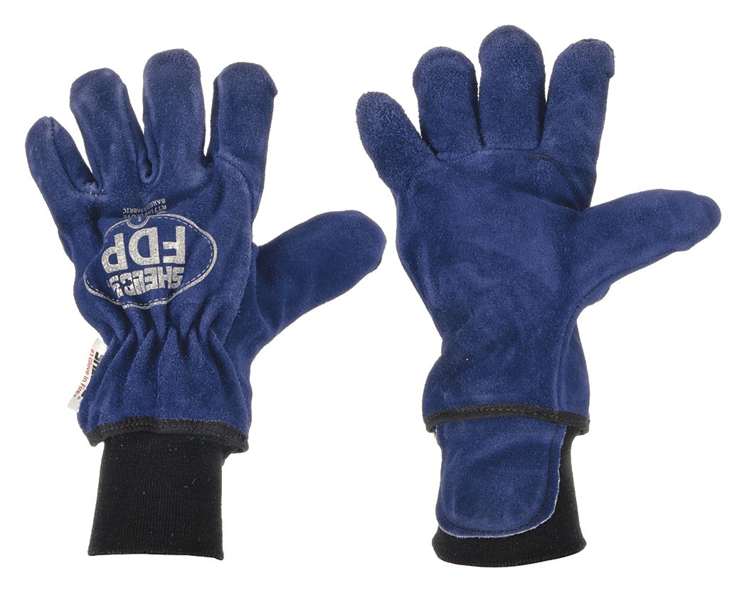 Firefighter Gloves: Cowhide Leather Palm, Cowhide Leather, Blue, Cuff Knit, L, 1 PR