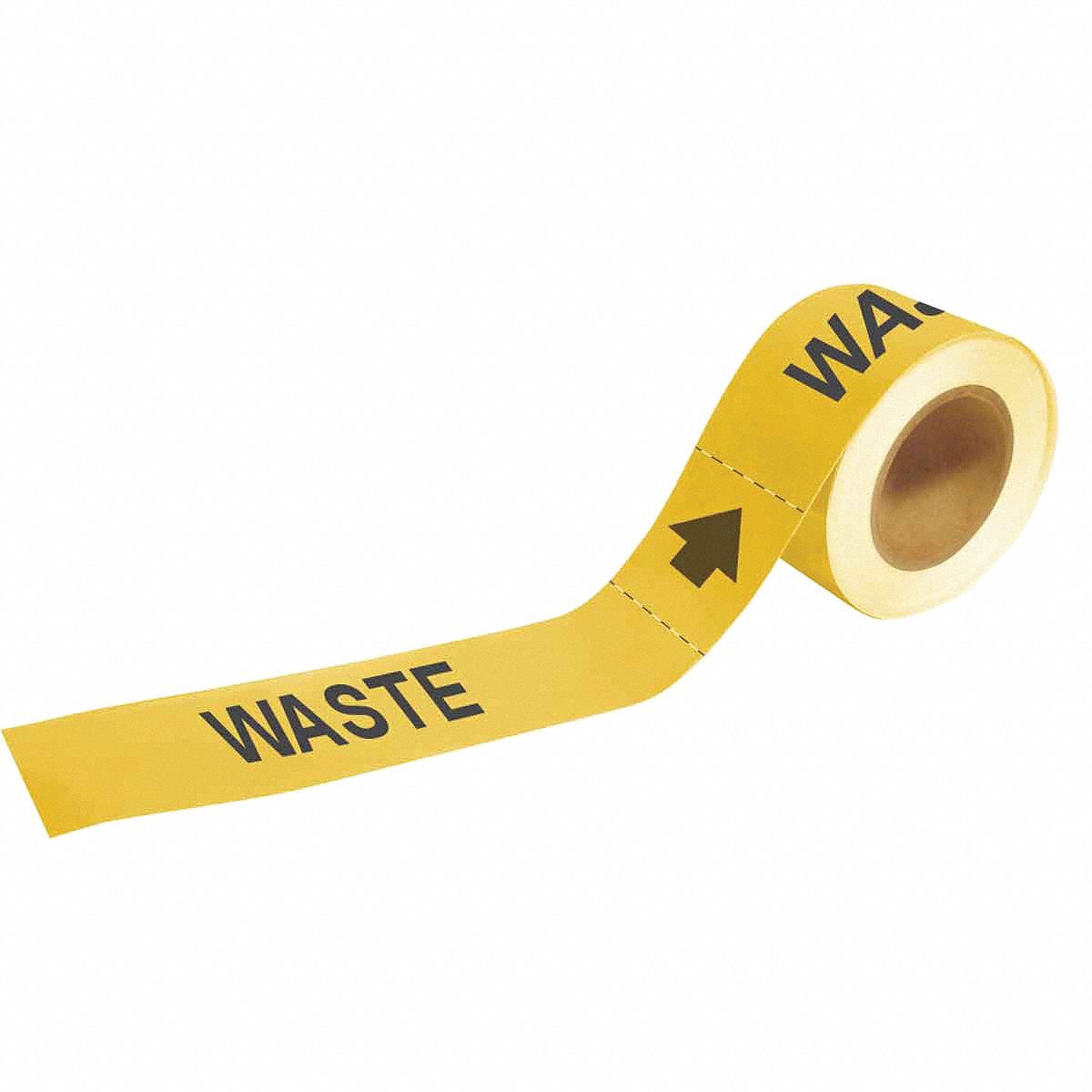 Pipe Marker: Waste, Yellow, Black, Fits 1 1/2 to 2 in Pipe O.D., 25 Pipe Markers, With Arrows