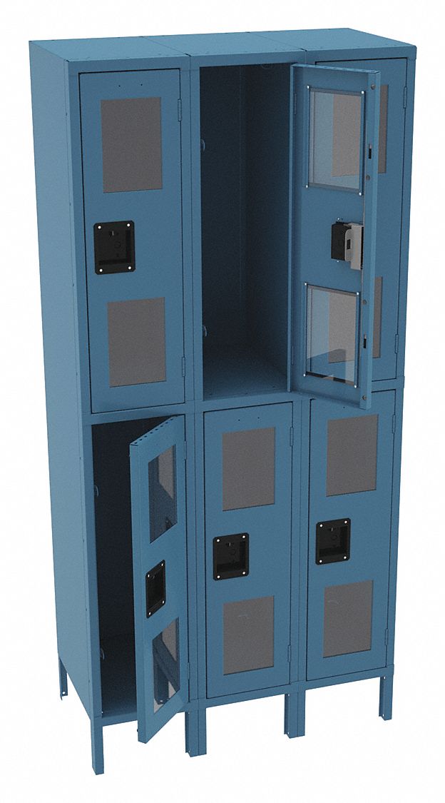Wardrobe Locker: 36 in x 18 in x 78 in, Clearview, 2 Tiers, 3 Units Wide, Padlock Hasp, Blue