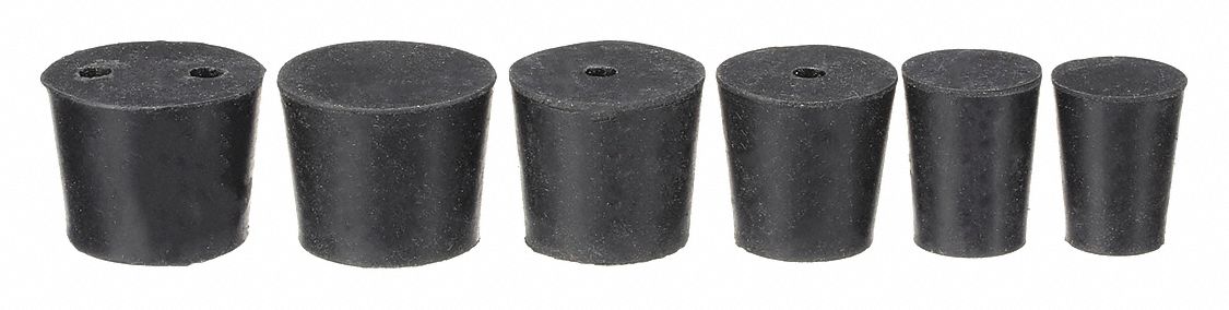 Stopper: Natural Rubber, 1 to 6 Stopper Size, 25 mm Overall Ht, Stopper Set, Black, Autoclavable