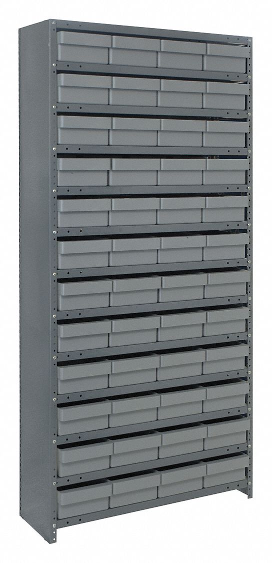 Enclosed Bin Shelving: 36 in x 18 in x 75 in, 1 Sided, 48 Bins, Closed, Gray