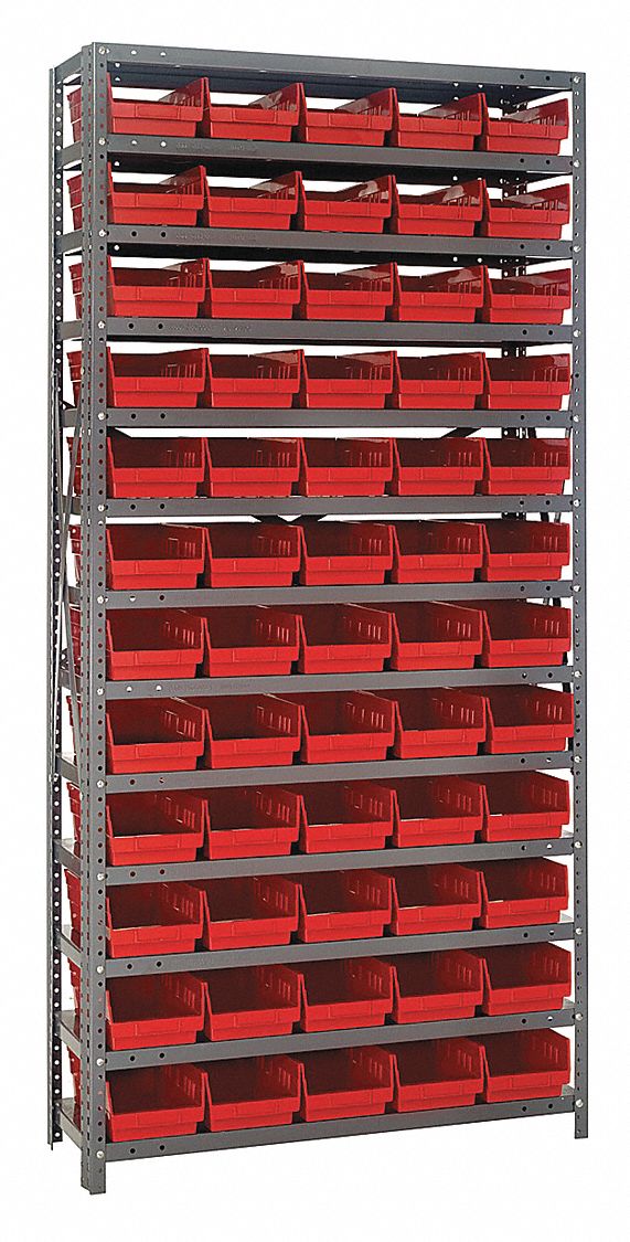 Bin Shelving: 36 in x 18 in x 75 in, 1 Sided, 60 Bins, Open, Shelf Bin, Red