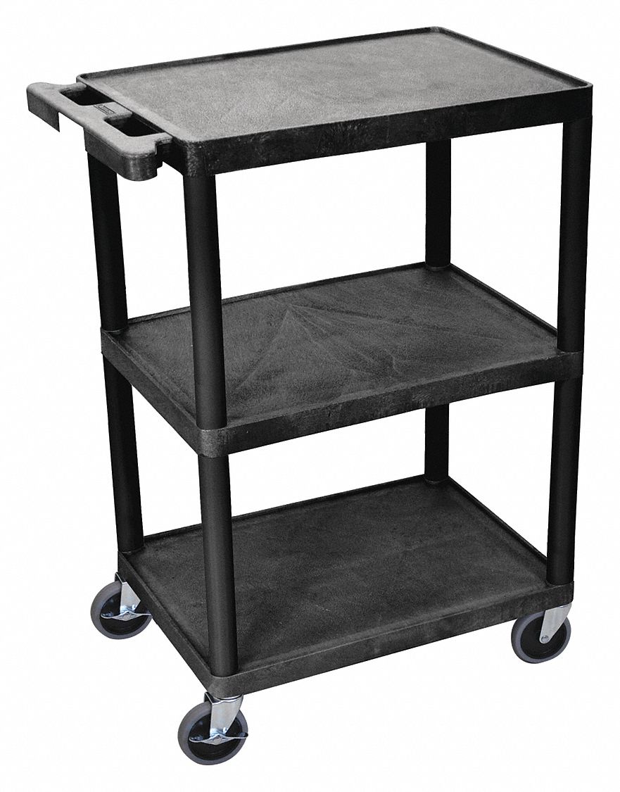 Utility Cart with Lipped Plastic Shelves: 300 lb Load Capacity, 24 in x 18 in, Black