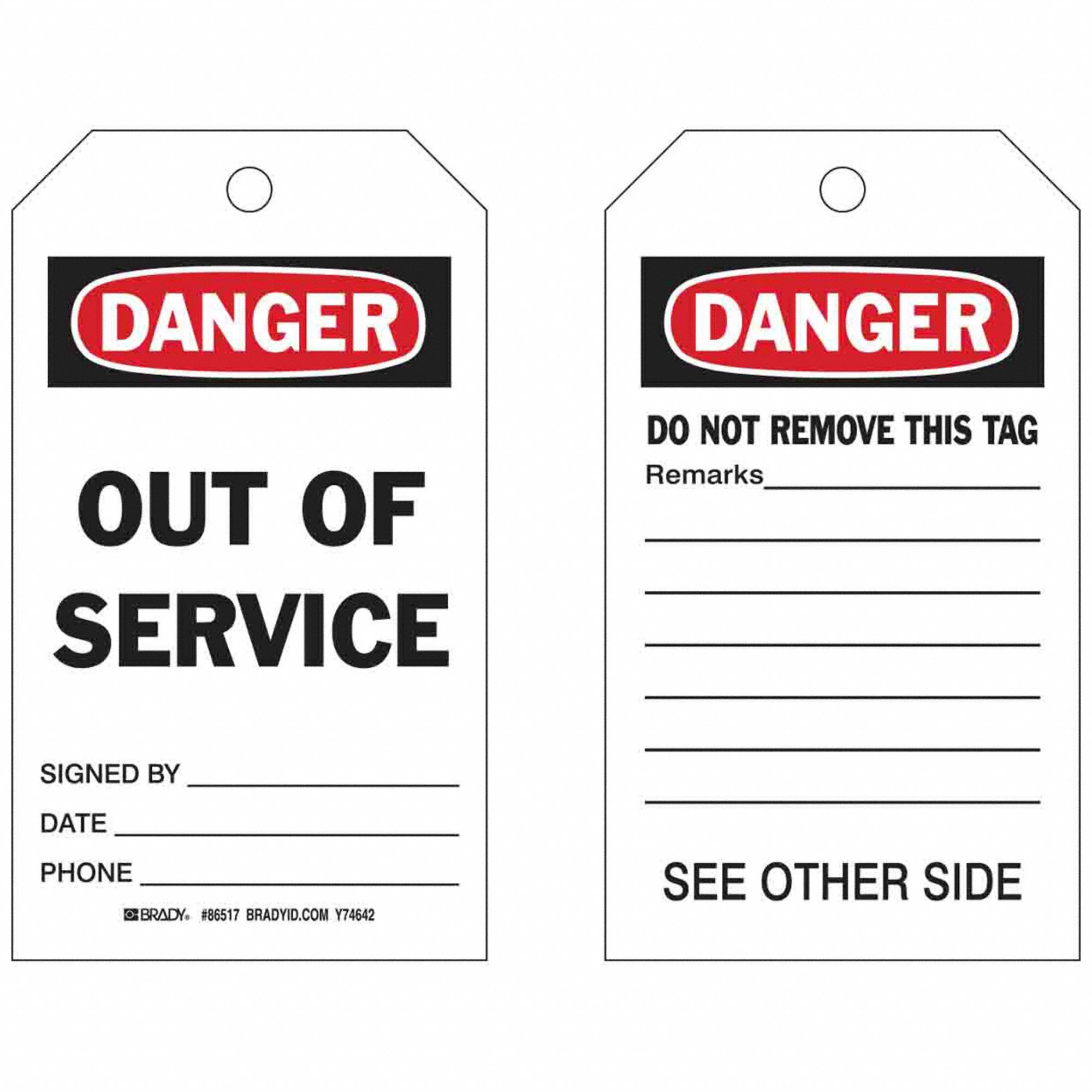 Tag: Danger, 3 in Wd, 5 3/4 in Ht, Black/Red/White, Rectangle, Matte, Heavy Duty Polyester, 10 PK