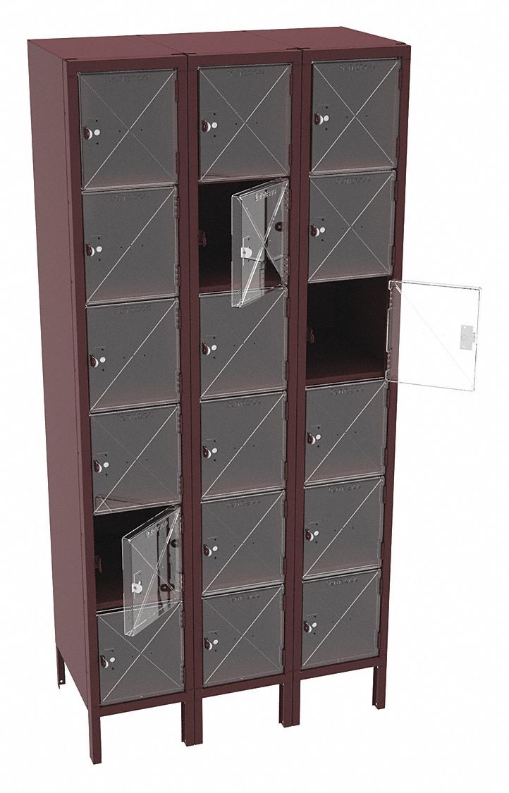 Box Locker: 36 in x 18 in x 78 in, 6 Tiers, 3 Units Wide, Clearview, Padlock Hasp, Burgundy
