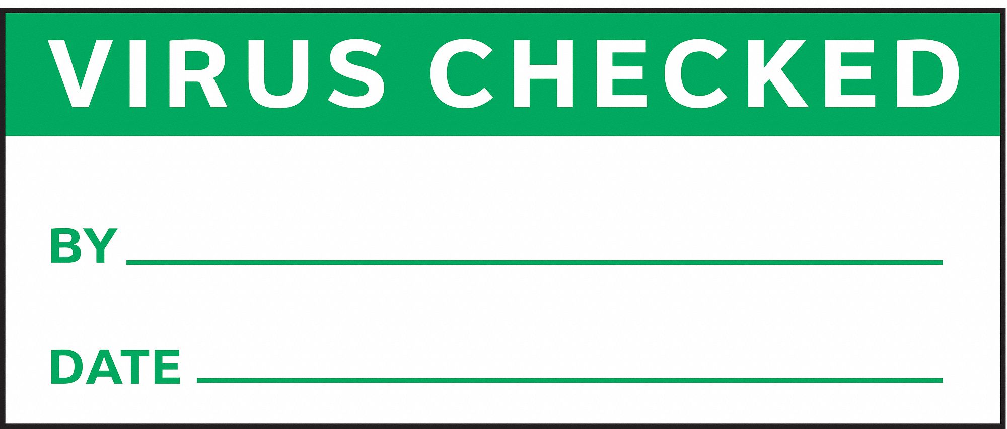 Inspection Label: Virus Checked By, 1 1/2 in Wd, 5/8 in Ht, Green/White, Laminated, Indoor, 350 PK