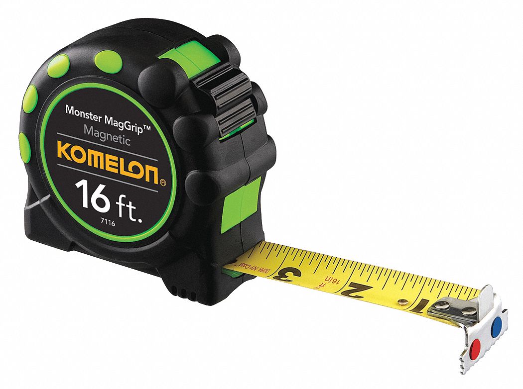 Magnetic Tip Tape Measure: 16 ft Blade Lg, 1 in Blade Wd, in/ft, Closed, Rubberized, Steel