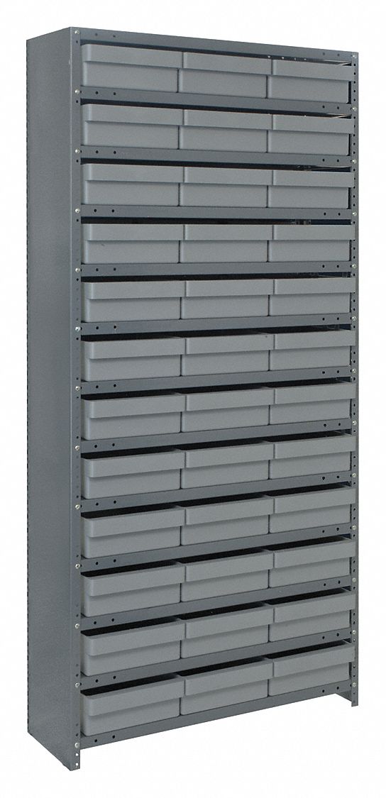 Enclosed Bin Shelving: 36 in x 12 in x 75 in, 1 Sided, 36 Bins, Closed, Gray