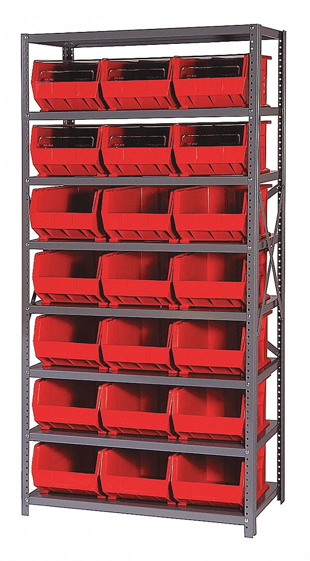 Bin Shelving: 36 in x 18 in x 75 in, 1 Sided, 21 Bins, Open, Red, 8 Shelves