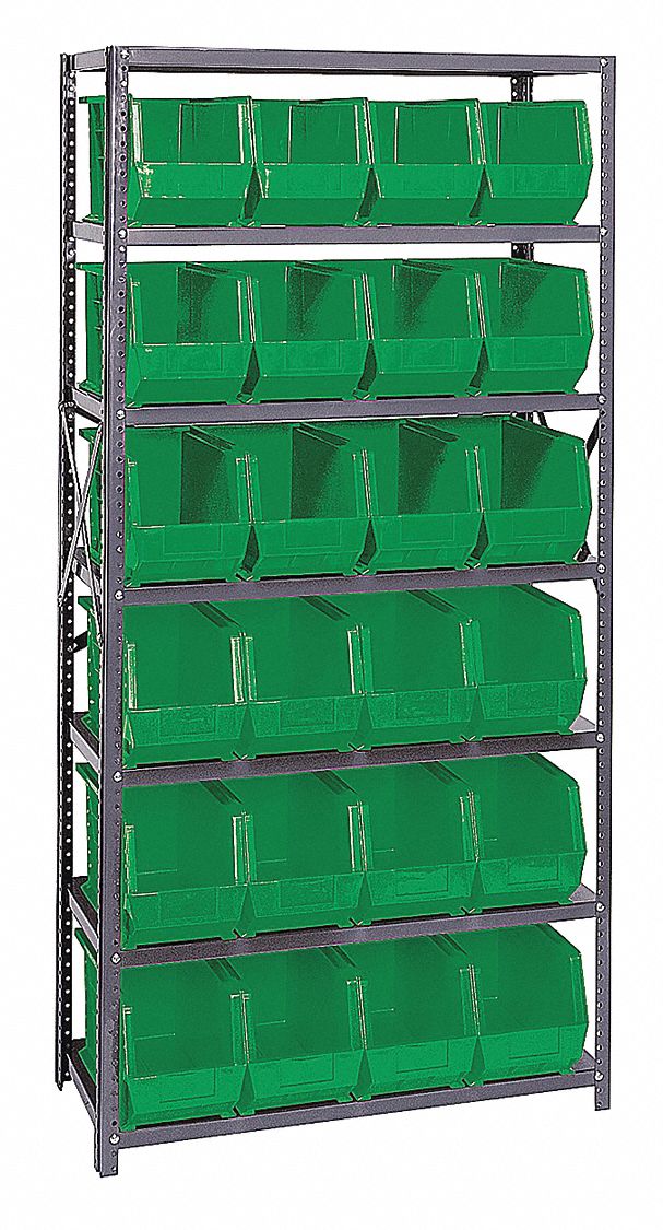 Bin Shelving: 36 in x 18 in x 75 in, 1 Sided, 24 Bins, Open, Green