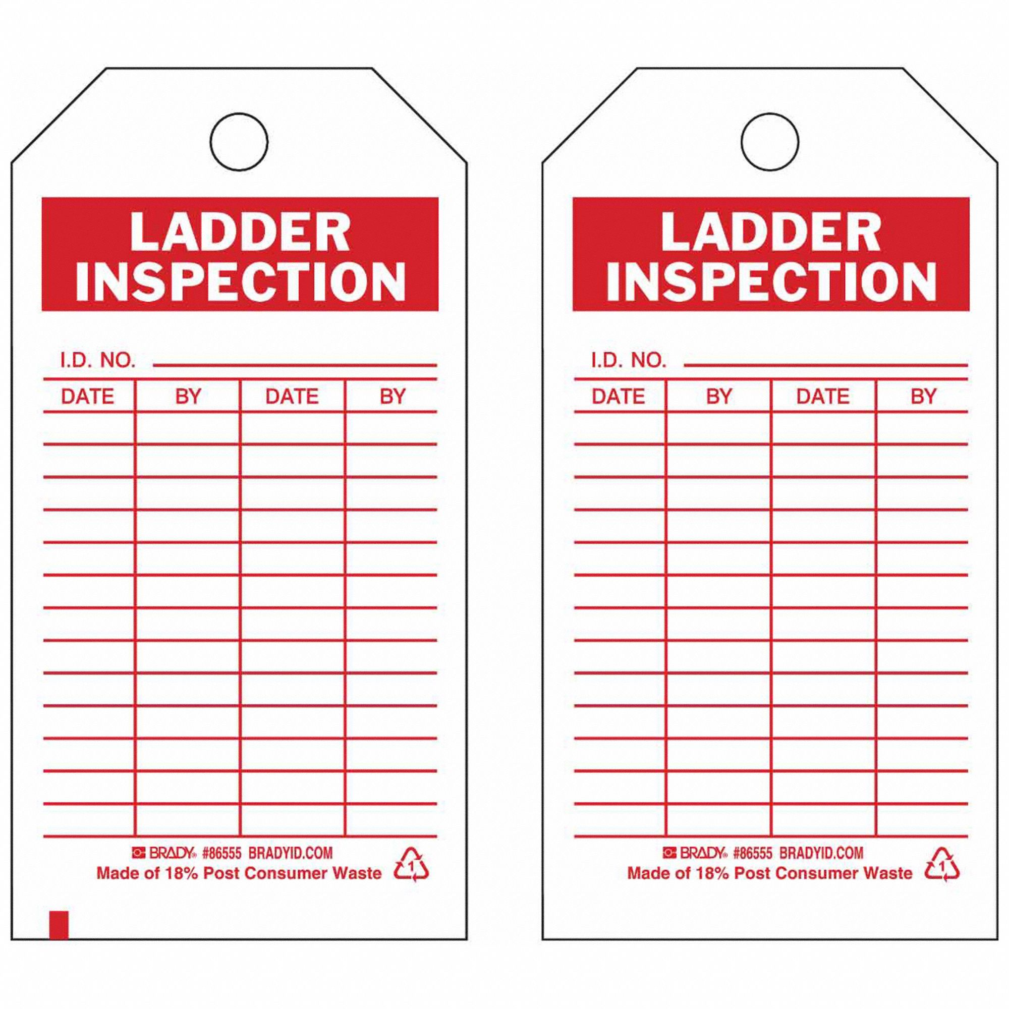 Tag: Ladder Inspection, 3 in Wd, 5 3/4 in Ht, Red/White, Rectangle, Polyester, Outdoor, 10 Labels