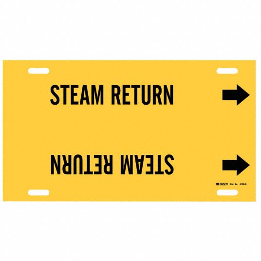 BRADY Pipe Marker Steam Return, Yellow, Black, Fits 8 to 9 7/8 in Pipe