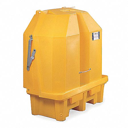 COVERED DRUM SPILL CONTAINMENT PALLET, FOR 2 DRUMS, 66 GAL CAPACITY, NO DRAIN, YELLOW