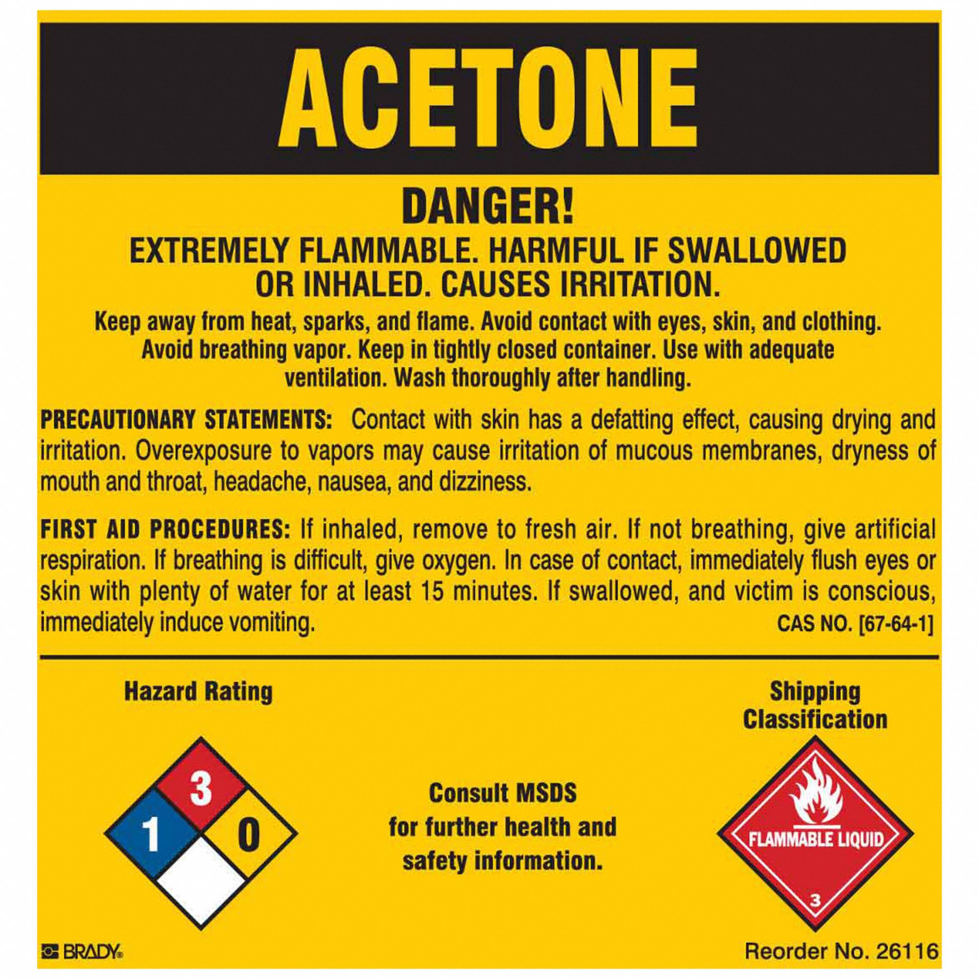 BRADY Polyester ACETONE NFPA Label 8ZER4 26116LS Grainger