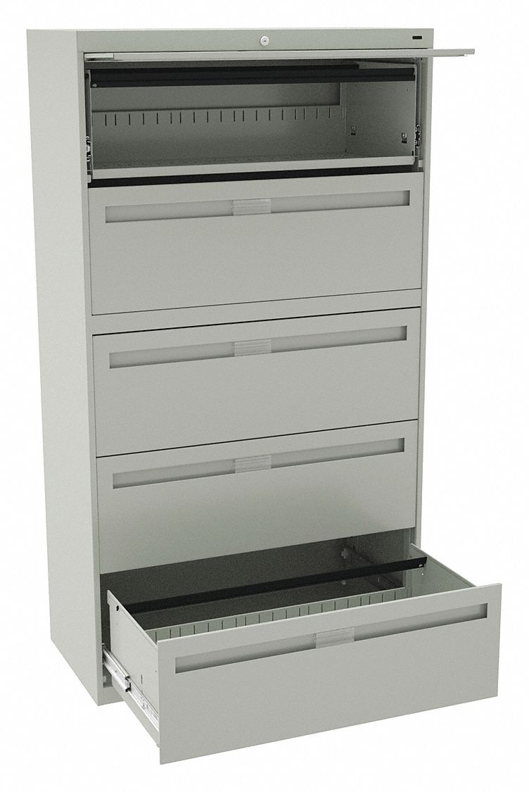 Lateral File Cabinet: Light Gray, 5 Drawers, 65 in Overall Ht, 18 in Overall Dp, Steel