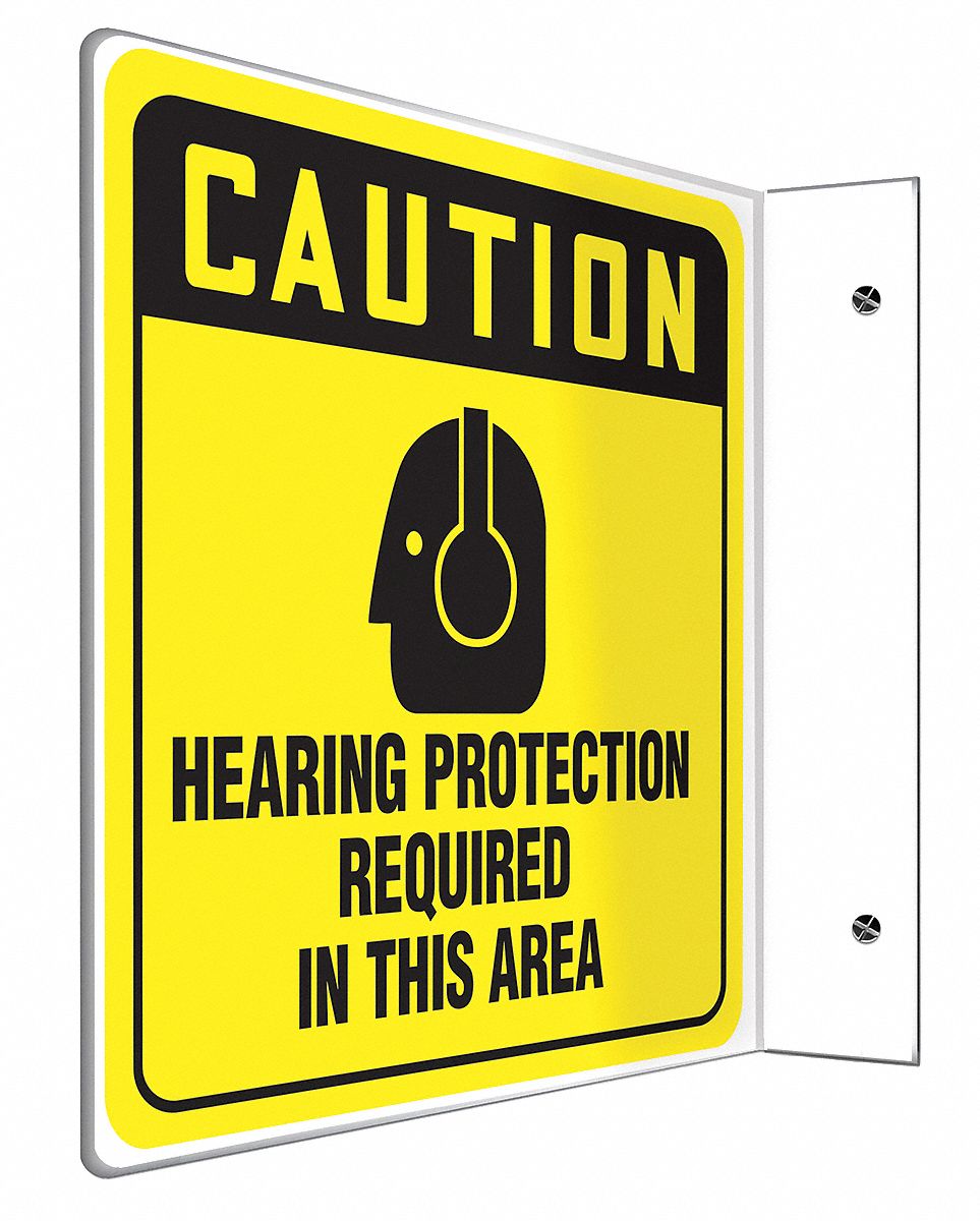 L-SHAPE PROJECTION SIGN, PLASTIC, HEARING PROTECTION REQUIRED IN THIS AREA, HEADER CAUTION, L-SHAPED, YELLOW/BLACK