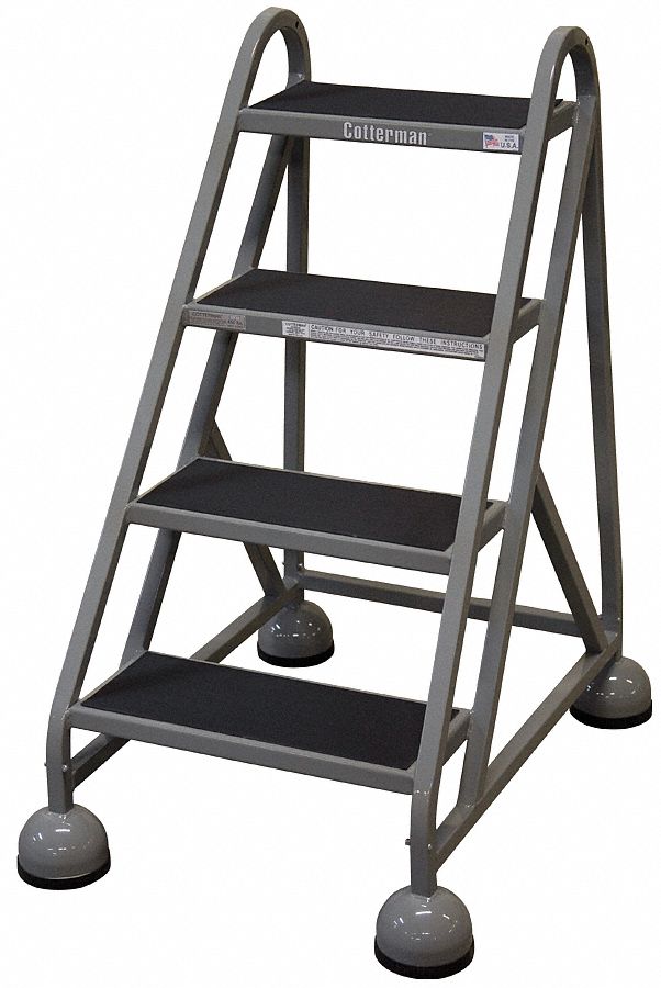 Rolling Ladder: 3 ft Platform Ht, Assembled, Steel, Wt-Actuated Auto-Lock, Ribbed