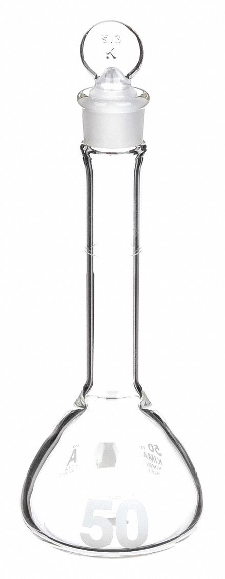 Volumetric Flask: Borosilicate Glass, 50 mL Capacity - mL, 1.7 fl oz Capacity - oz, Includes Closure