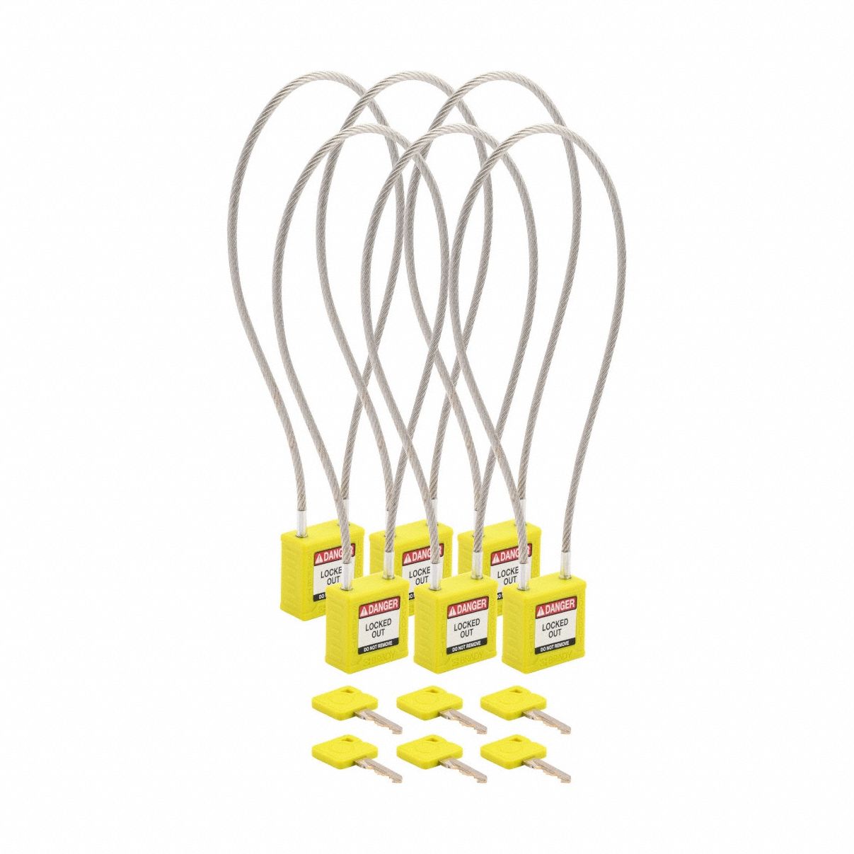 Lockout Padlock: Keyed Alike, Nylon, Compact Body Body Size, Sheathed Cable, Extended, Yellow