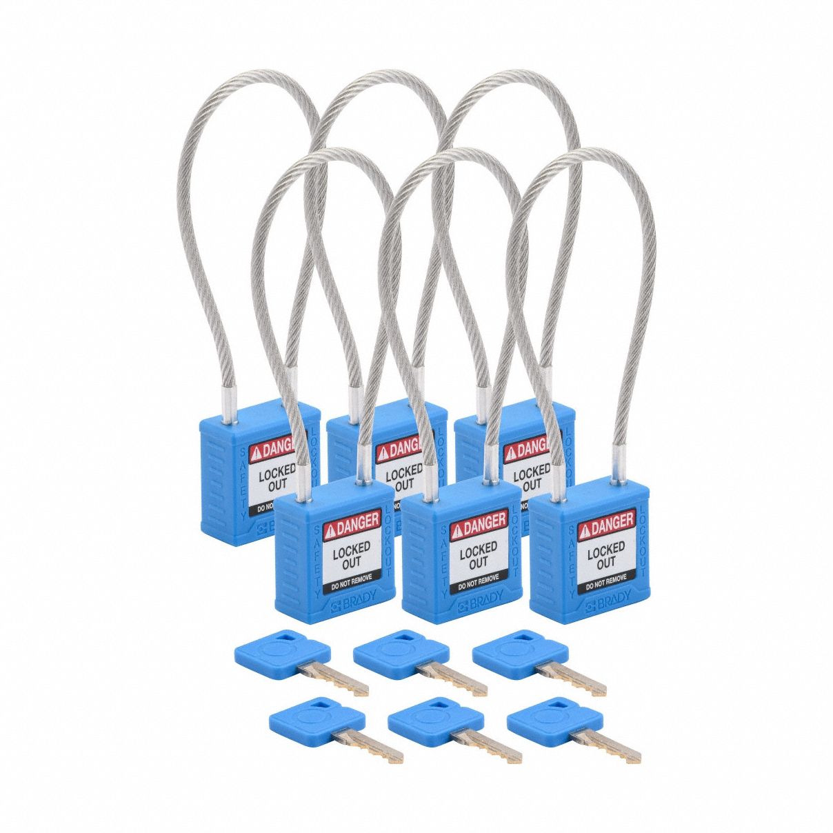 Lockout Padlock: Keyed Alike, Nylon, Compact Body Body Size, Sheathed Cable, Extended, Blue