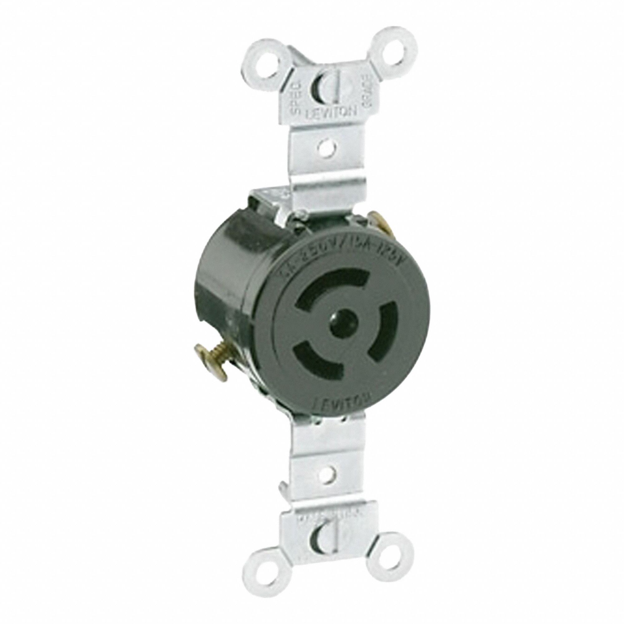 Single Locking Receptacle: Non-NEMA, 10/15 A, 125/250V AC, Black, 3 Poles, Shrouded