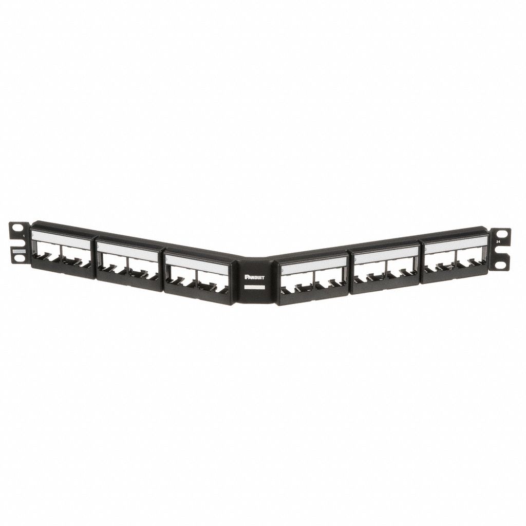 Patch Panel: 1 Rack Units, 24 Ports, Angled, Label Pockets, Steel, 4 3/8 in Overall Ht