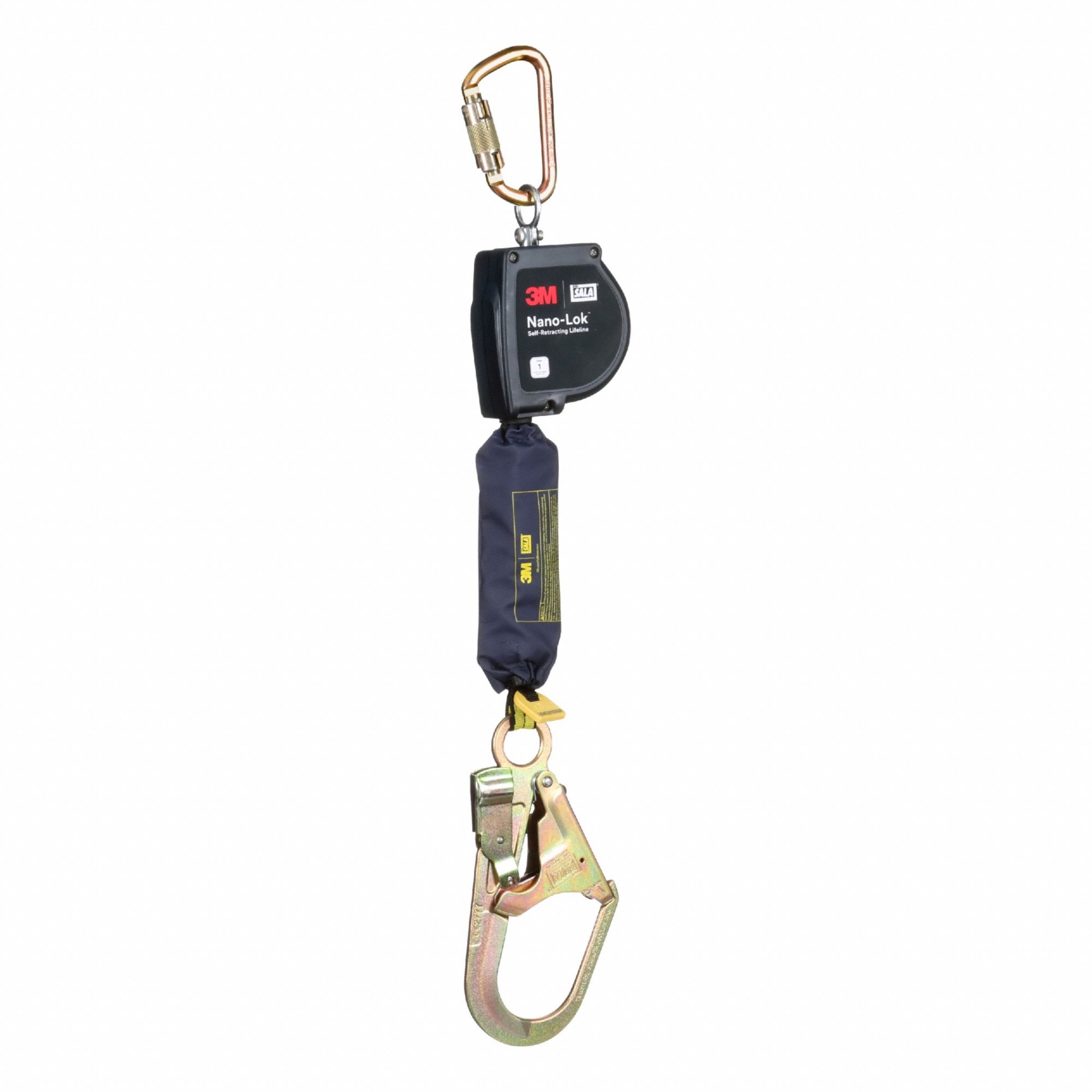 Self Retracting Lifeline: Steel Rebar Hook Anchor, Harness Steel Carabiner, 9 ft Line