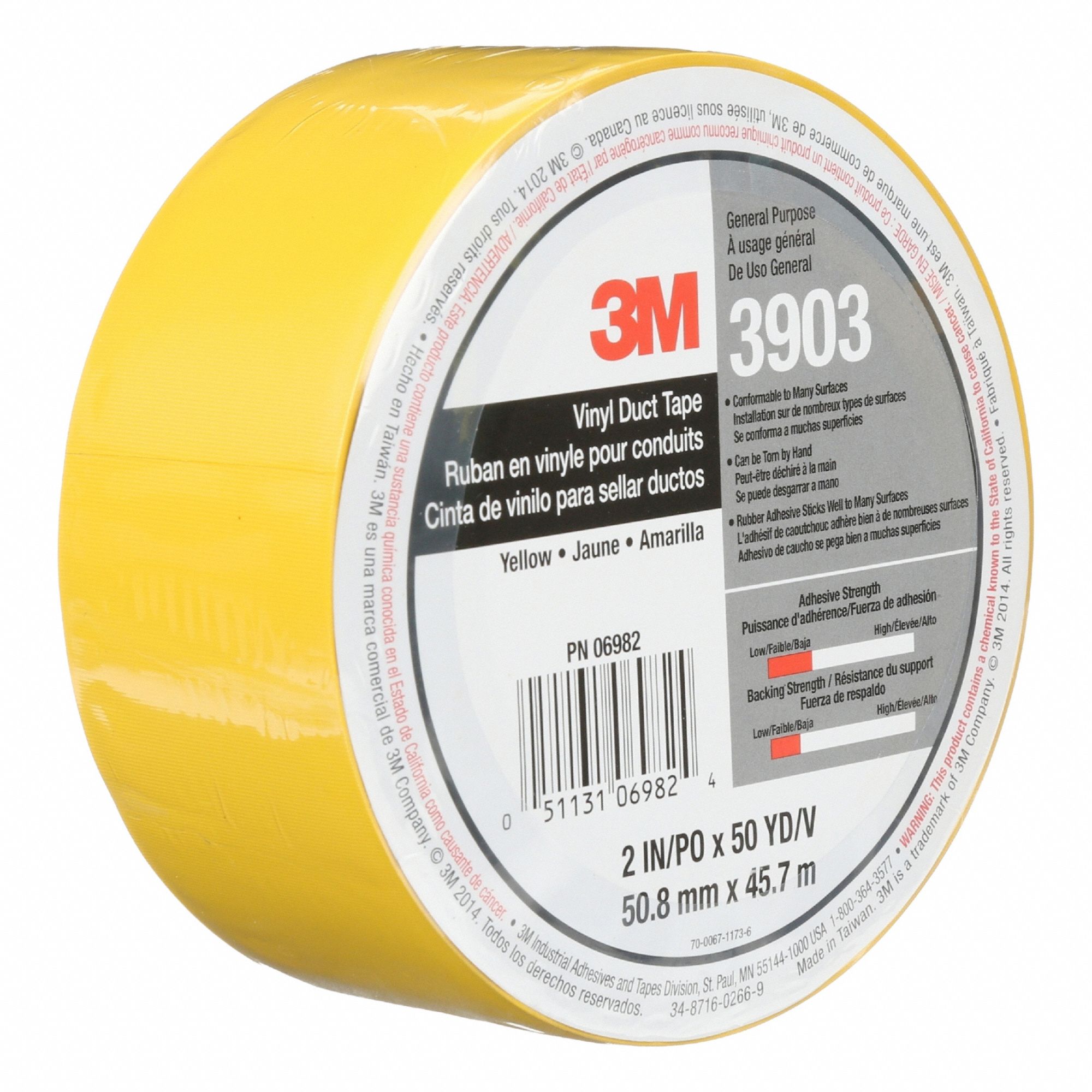 Duct Tape: Light Duty, Yellow, 3 in Wd, 50 yd Lg, 6.5 mil Thick, 3903, Vinyl Coated Cloth, 18 PK
