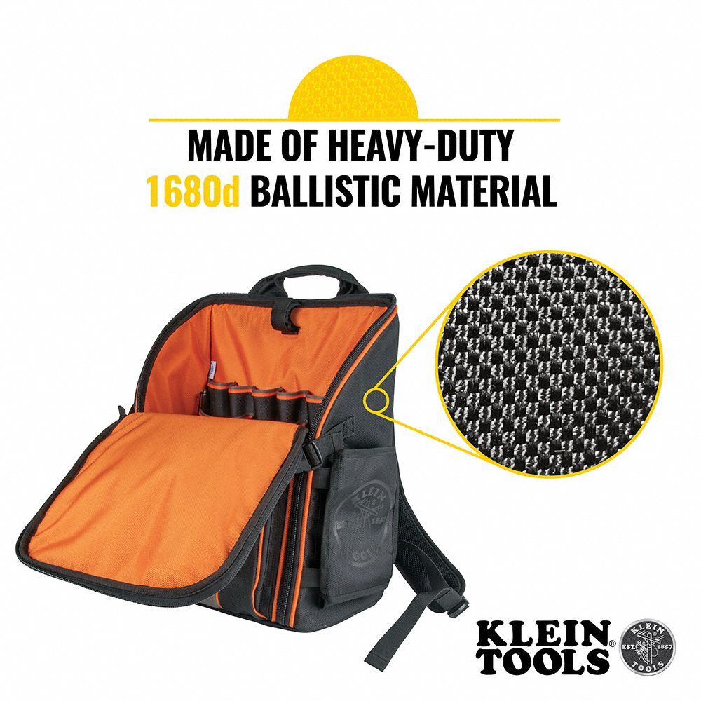 Tool Backpack: 8 1/2 in W 13 1/2 in D 17 1/4 in H, Polyester, Black/Gray/Orange
