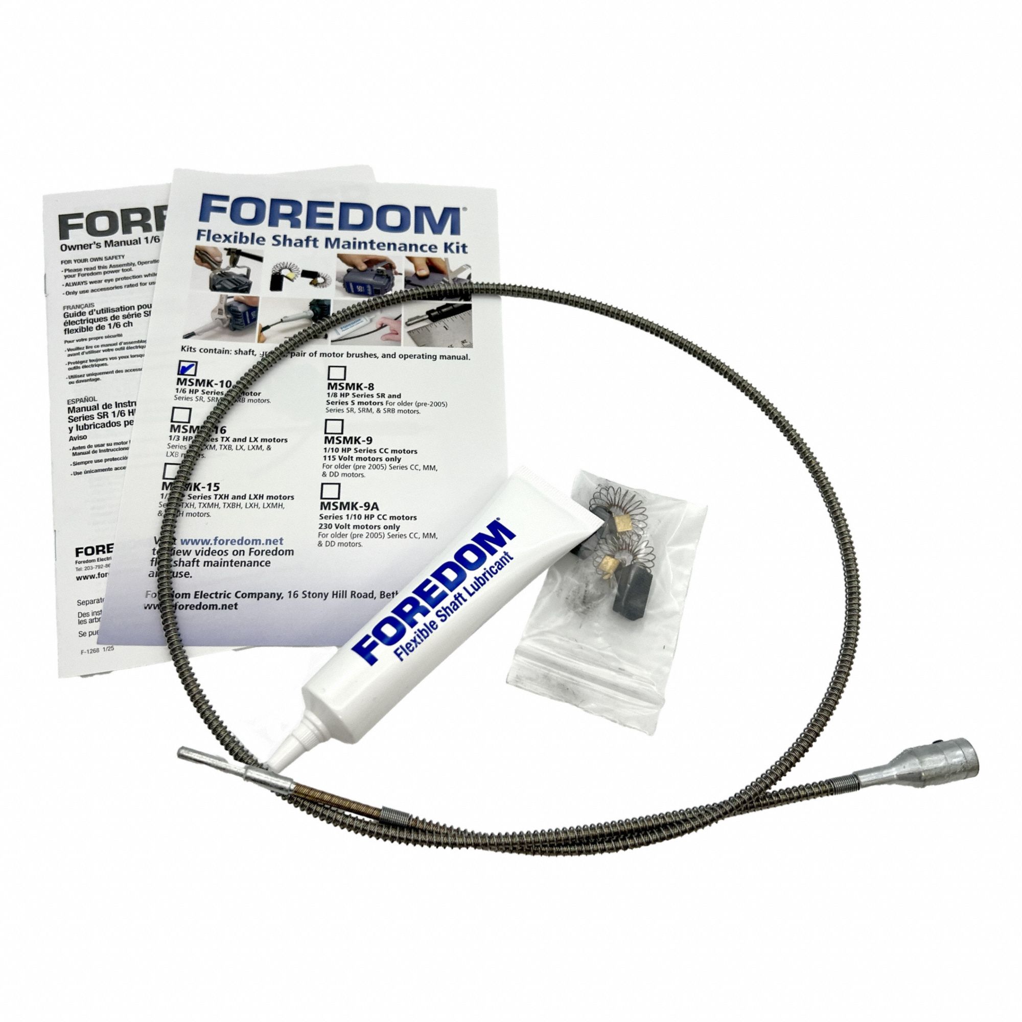 FOREDOM Maint.Kit, 1/6 Hp Sr: Maint Kit, Perform Maint on Foredom Flexshaft, M.SR Motors (MPN MSMK-10). Key specifications — attr1254836: FOREDOM; attr1254822: Perform Maintenance on Foredom Flexshaft; attr1254840: Maintenance Kit.