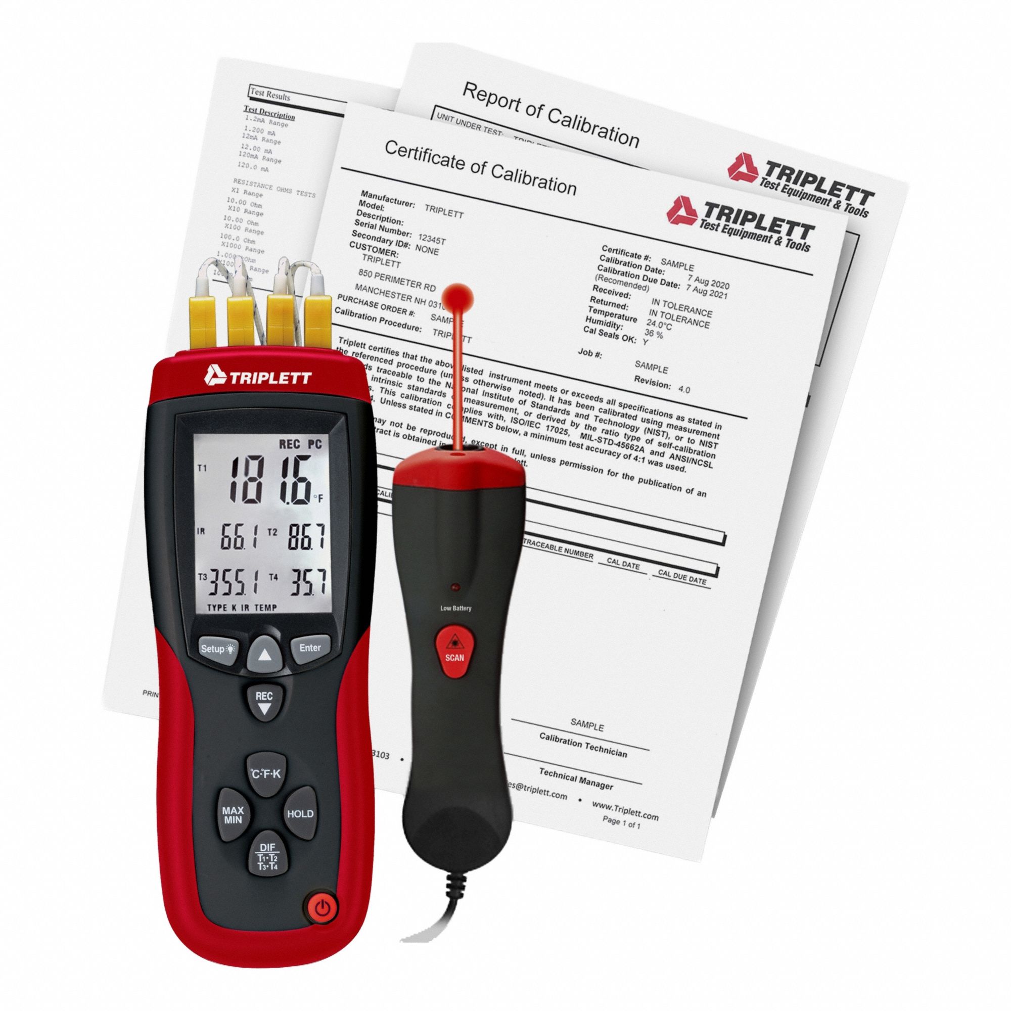 TRIPLETT Thermometer: -328°F (Type K) to 2,501°F (Type K), For Type K Thermocouple Type, 4 Channels (MPN TMP74-NIST). Key specifications — Testing Functions: Differential Temperature; Accuracy: ±0.15 % of Reading + 1 °F/1 °C Above -148 °F/-100 °C; Brand: TRIPLETT.