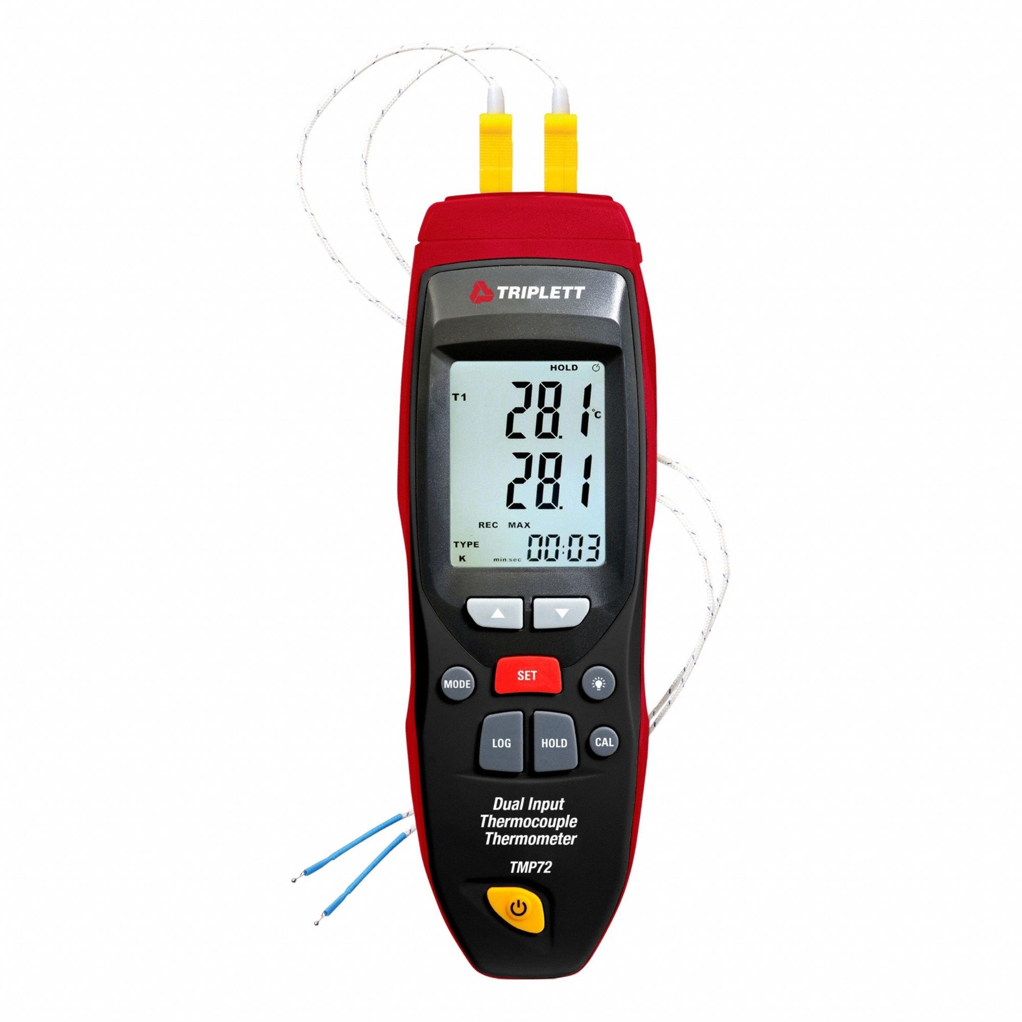 TRIPLETT Thermometer: -328°F (Type K) to 2,501°F (Type K), 2 Channels, USB (MPN TMP72). Key specifications — Testing Functions: Min/Max Temperature; Accuracy: ±1% of Reading + 1.8 °F/1 °C (Type J, K, T); Brand: TRIPLETT.