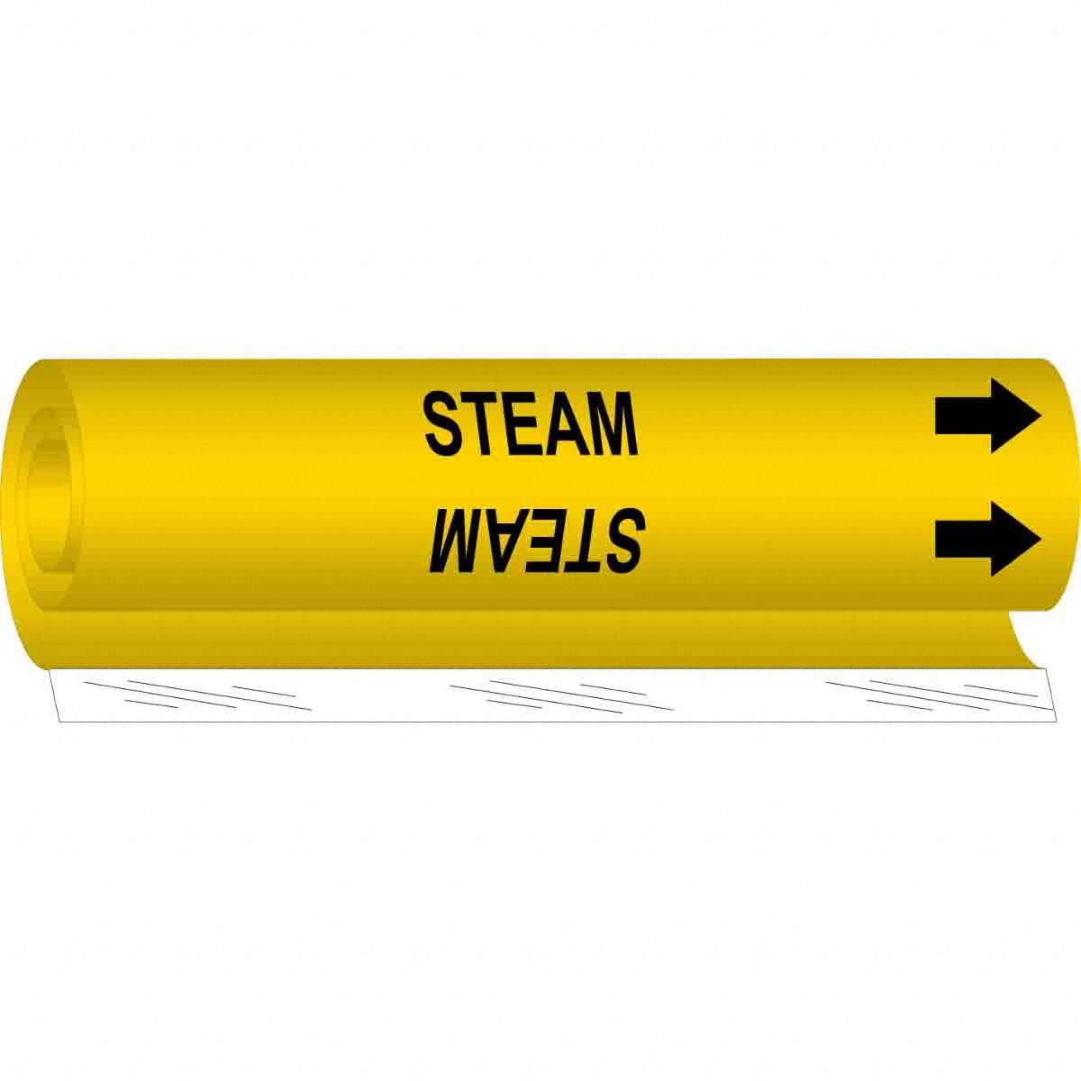 Pipe Marker: Steam, Yellow, Black, Fits 1/2 to 1 3/8 in Pipe O.D., 1 Pipe Markers, With Arrows