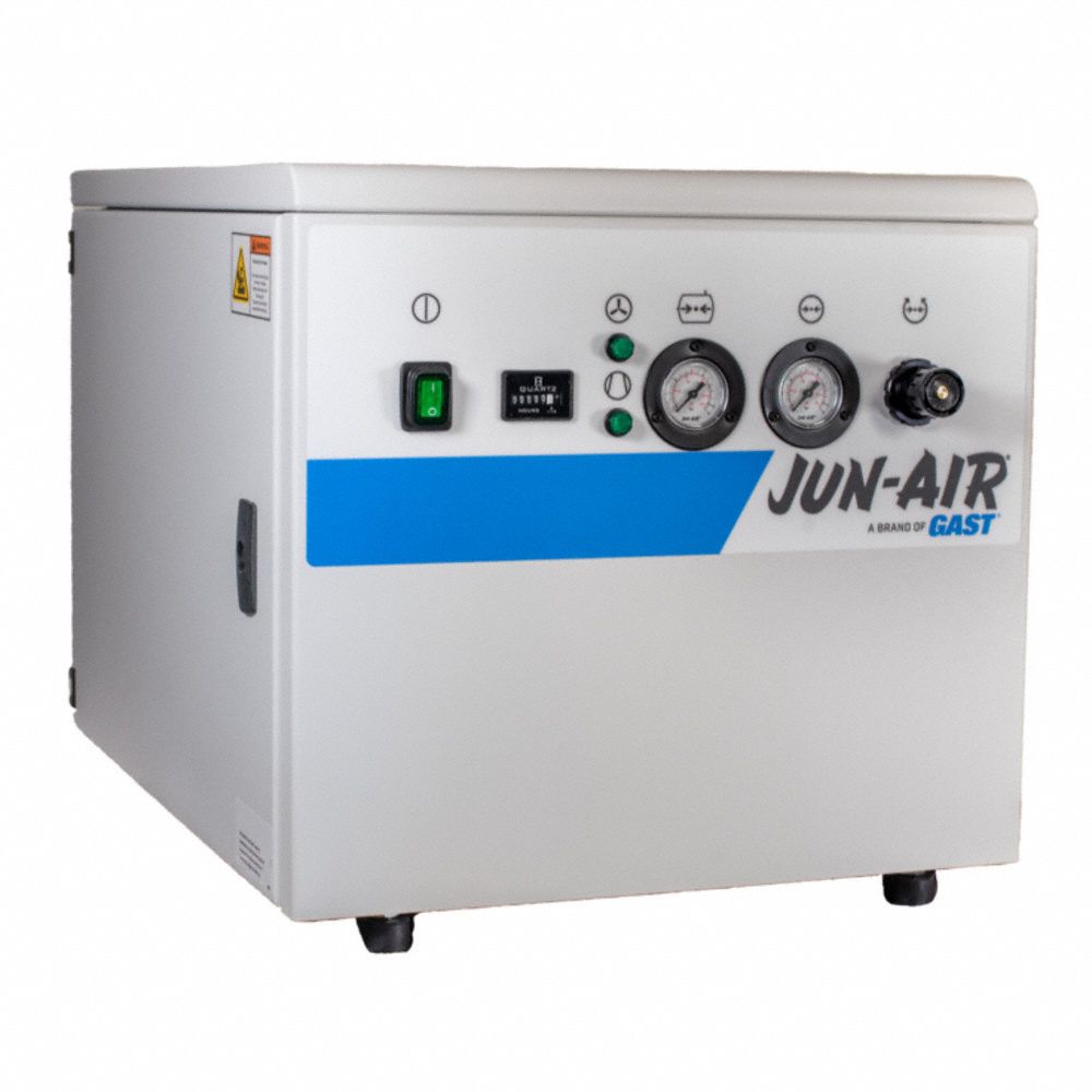 JUN-AIR Electric Air Compressor: Enclosed, Oil Free, 3/4 hp, 1.6 cfm, 116 psi Max Op Pressure (MPN 1069060). Key specifications — attr50806: 120V AC; attr50800: 1.6 cfm; attr50788: JUN-AIR.