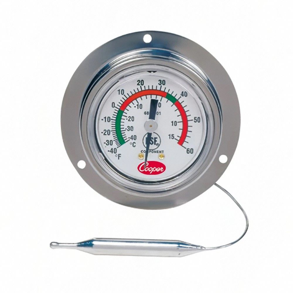 COOPER Cap Back: -40°F to 60°F /-40°C to 15.6°C, ±2°F/1°C @ 10 to 40°F/-12 to 4.5°C, 2 in Dial Dia (MPN 6812-01-3). Key specifications — Brand: COOPER; Accuracy: ±2 °F/1 °C @ 10 to 40 °F/-12 to 4.5 °C.