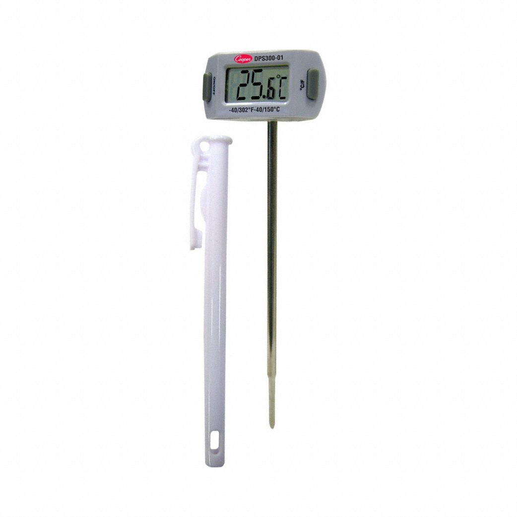 COOPER Digital Thermometer: -40°F to 302°F /-40°C to 150°C, ±2°F @ 32 to 212°F, ±4°F Otherwise (MPN DPS300-01-8). Key specifications — Brand: COOPER; Accuracy: ±2 °F @ 32 to 212 °F, ±4 °F Otherwise.