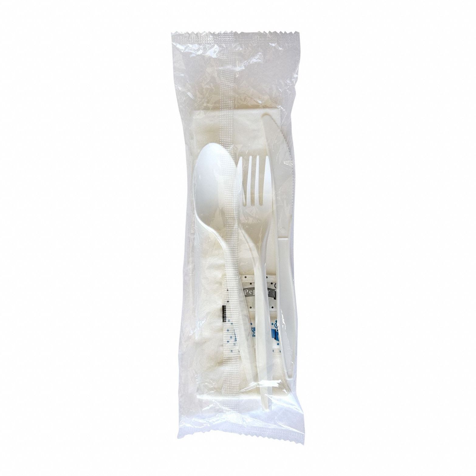 Disposable Cutlery Set: White, Plastic, Wrapped, 250 PK