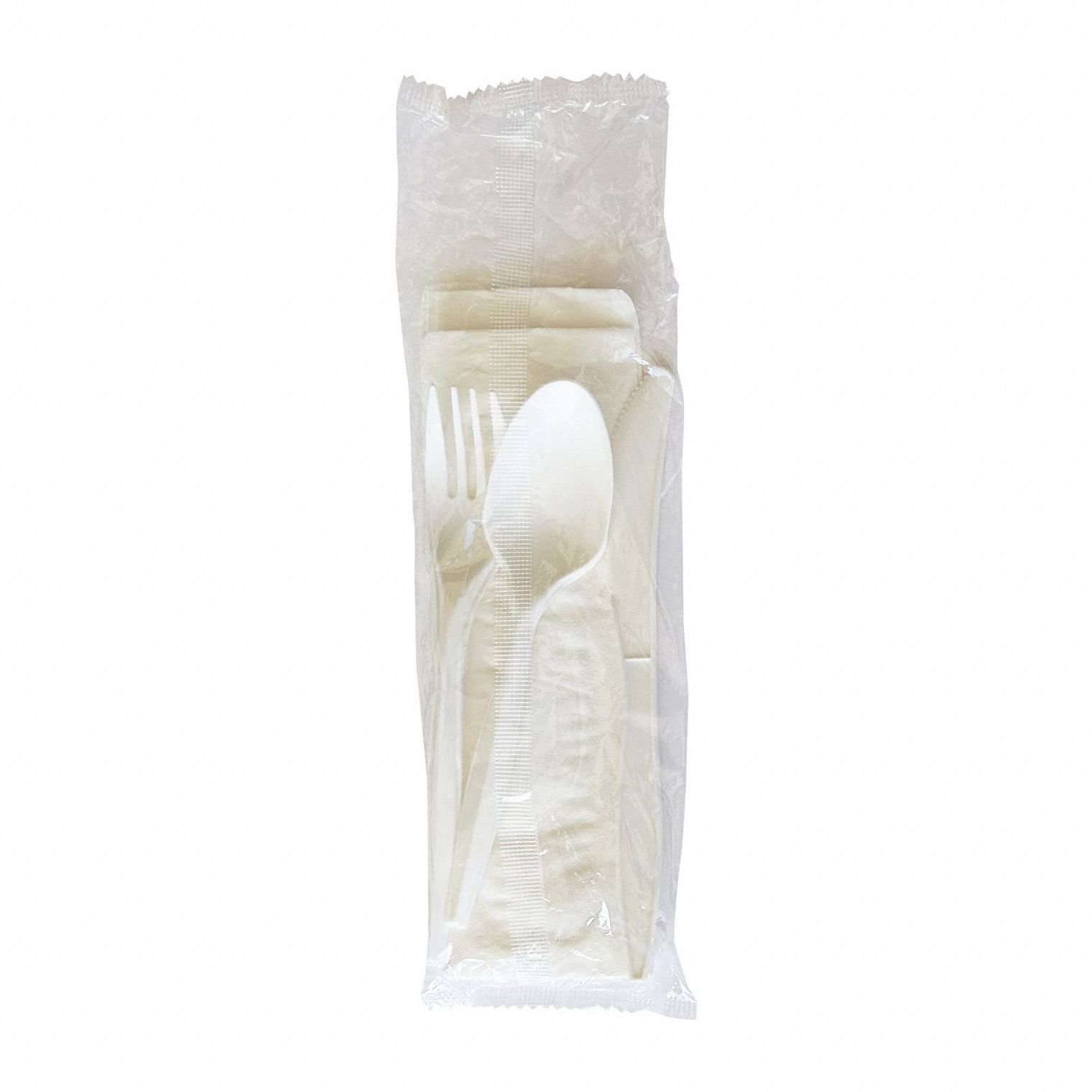 Disposable Cutlery Sets: White, Plastic, Wrapped, Fork/Knife/Napkin/Spoon, 250 PK